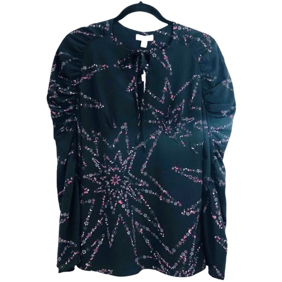 Topshop Tops - NWT Topshop Floral Star Print Blouse, Long Ruched Sleeve Tie Neck Women Size 6